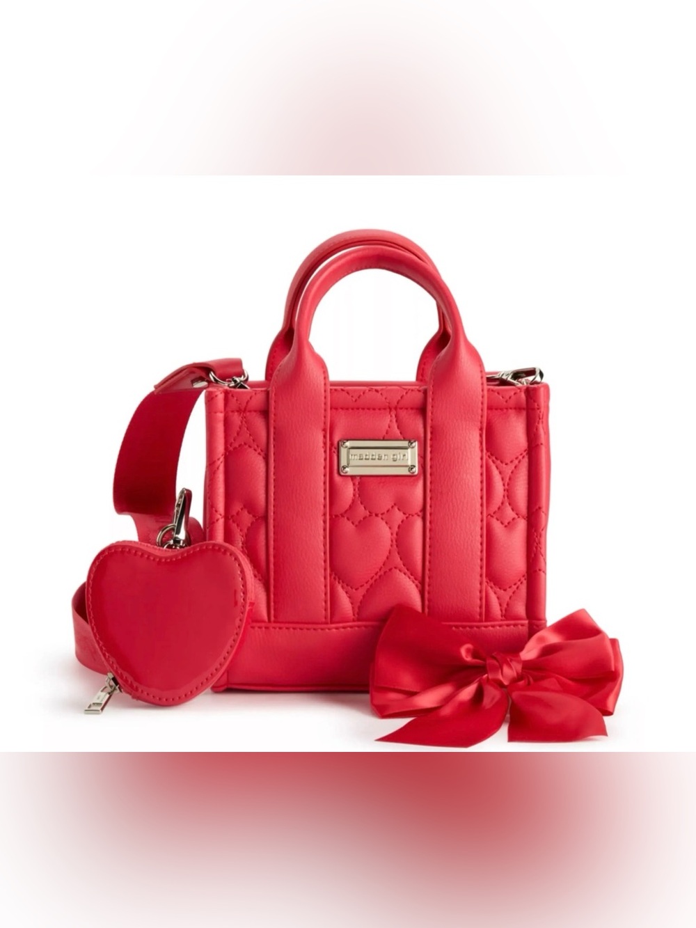 ❤️NWT~Madden Girl Red Heart Quilted Mini Tote with Heart Charm & Bow!